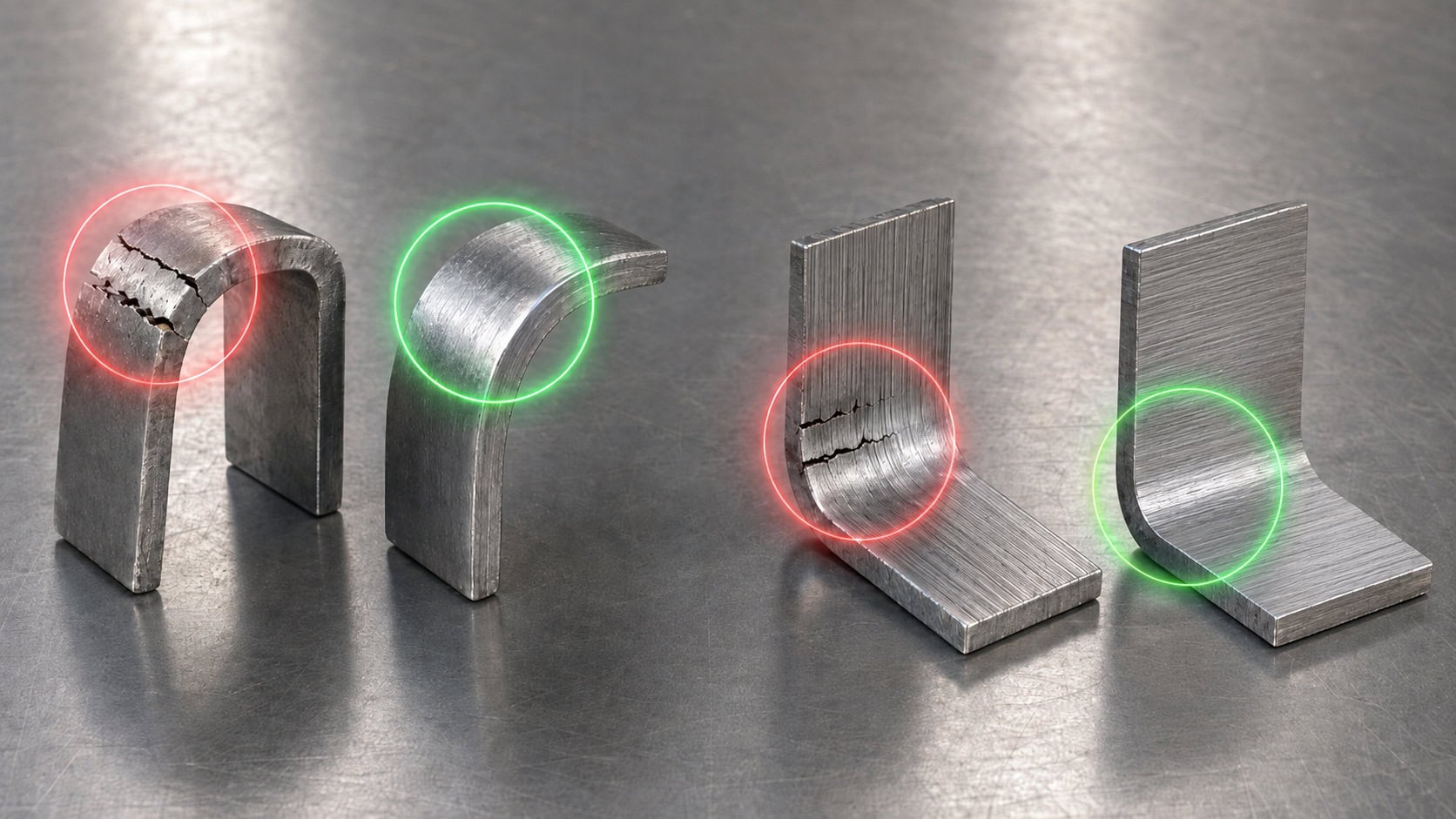 Biegekante an Metallblech mit Messgerät für Qualitätssicherung.